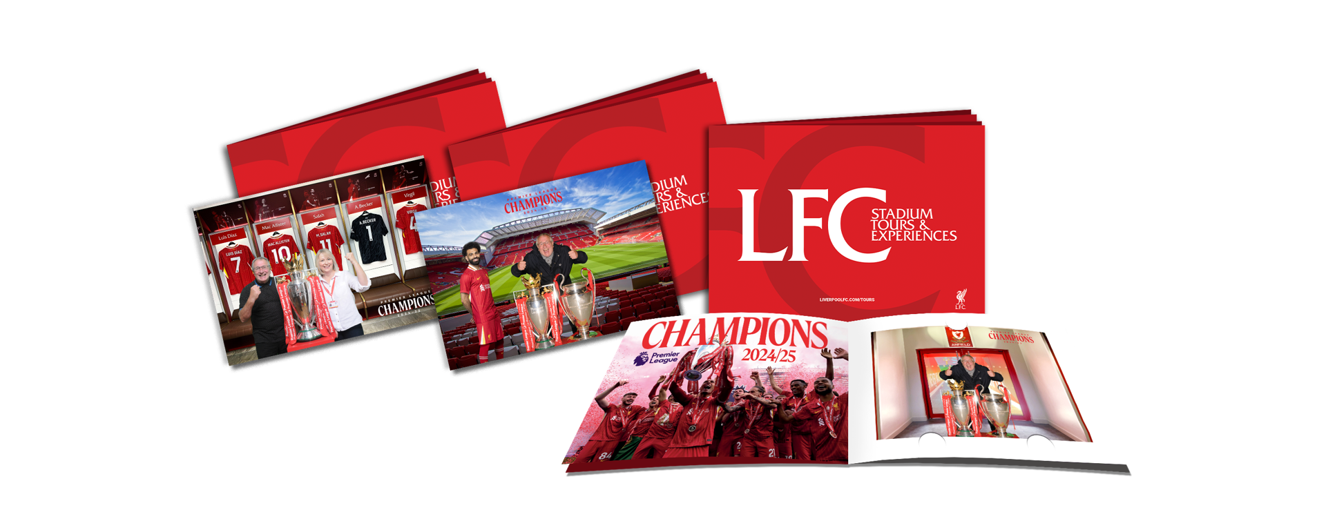 Gold package - Three branded souvenir photo booklets with a printed photograph of customer on two different greenscreen backgrounds, posing with trophies