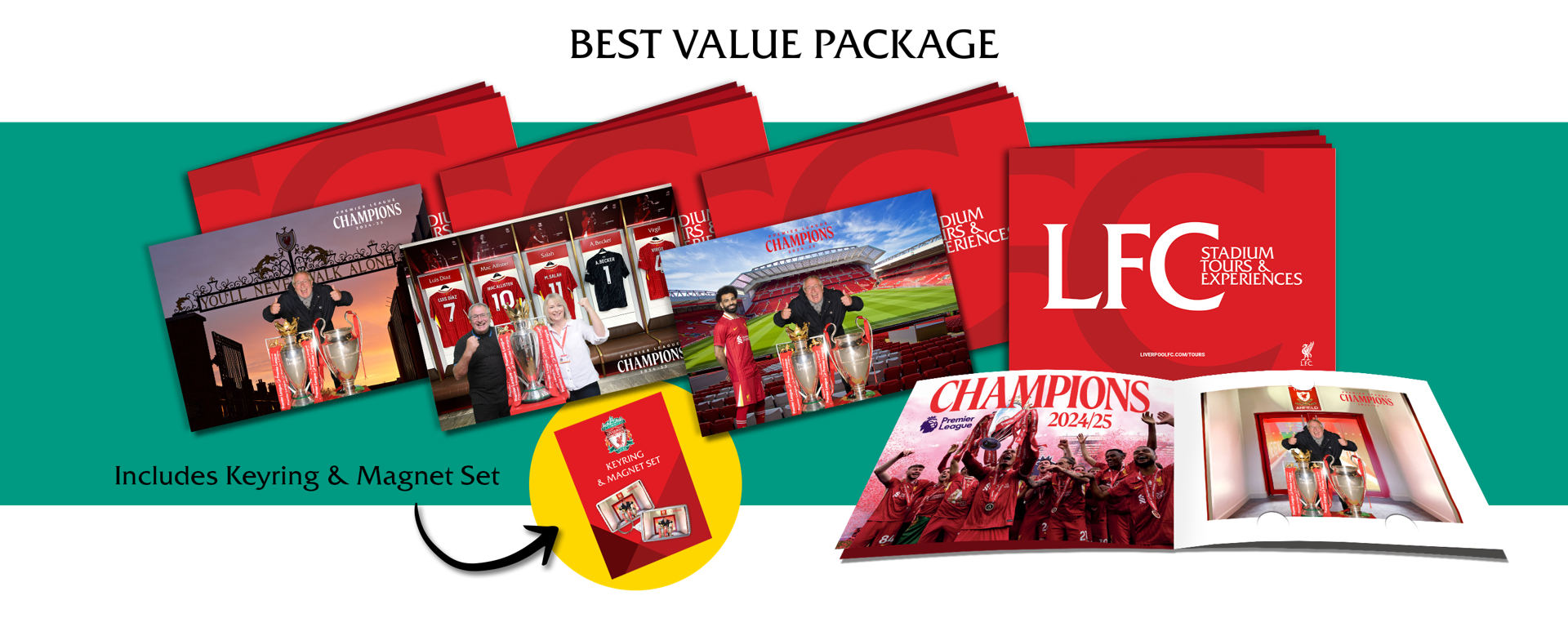 Platinum package - A red box with a collection of customer images, posing with trophies on greenscreen backgrounds: pitch side, dressing room and tunnel, with accompanying souvenir photo booklet to house the printed images. Yellow circle containing an image of the keyring and magnet set which is included in the package