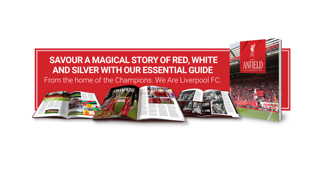 Souvenir guidebook front cover showing fans within a stand holding red and white scarves, with 3 double spreads showing highlights of the inside of the book
