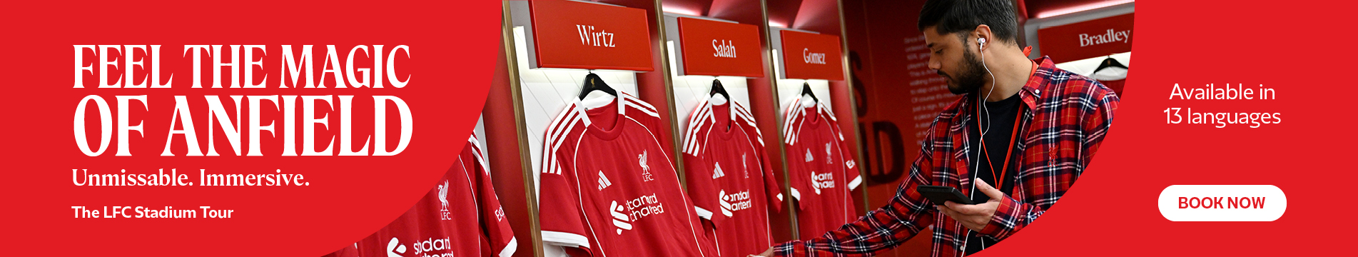 Red graphic background with white lettering ‘THE ANFIELD ABSEIL’. An abseiler graphic and stadium wall in view behind. 