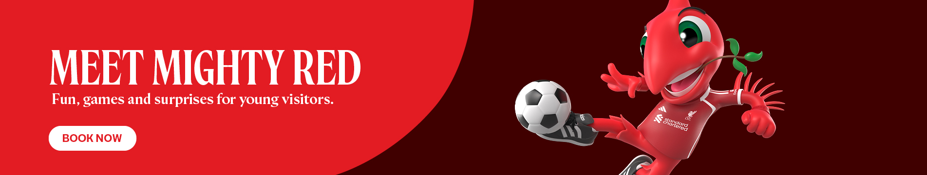 Red graphic background with white lettering ‘THE ANFIELD ABSEIL’. An abseiler graphic and stadium wall in view behind. 