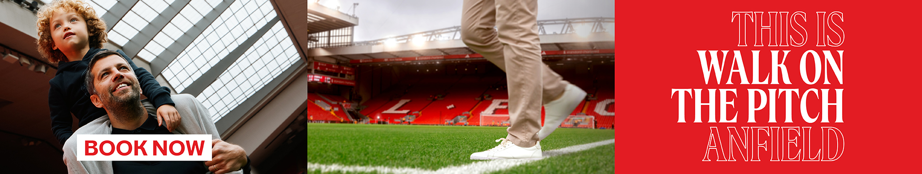 Red graphic background with white lettering ‘THE ANFIELD ABSEIL’. An abseiler graphic and stadium wall in view behind. 