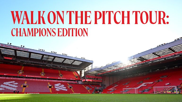 Stadium on a sunny day with 'Walk on the Pitch Champions Edition' text